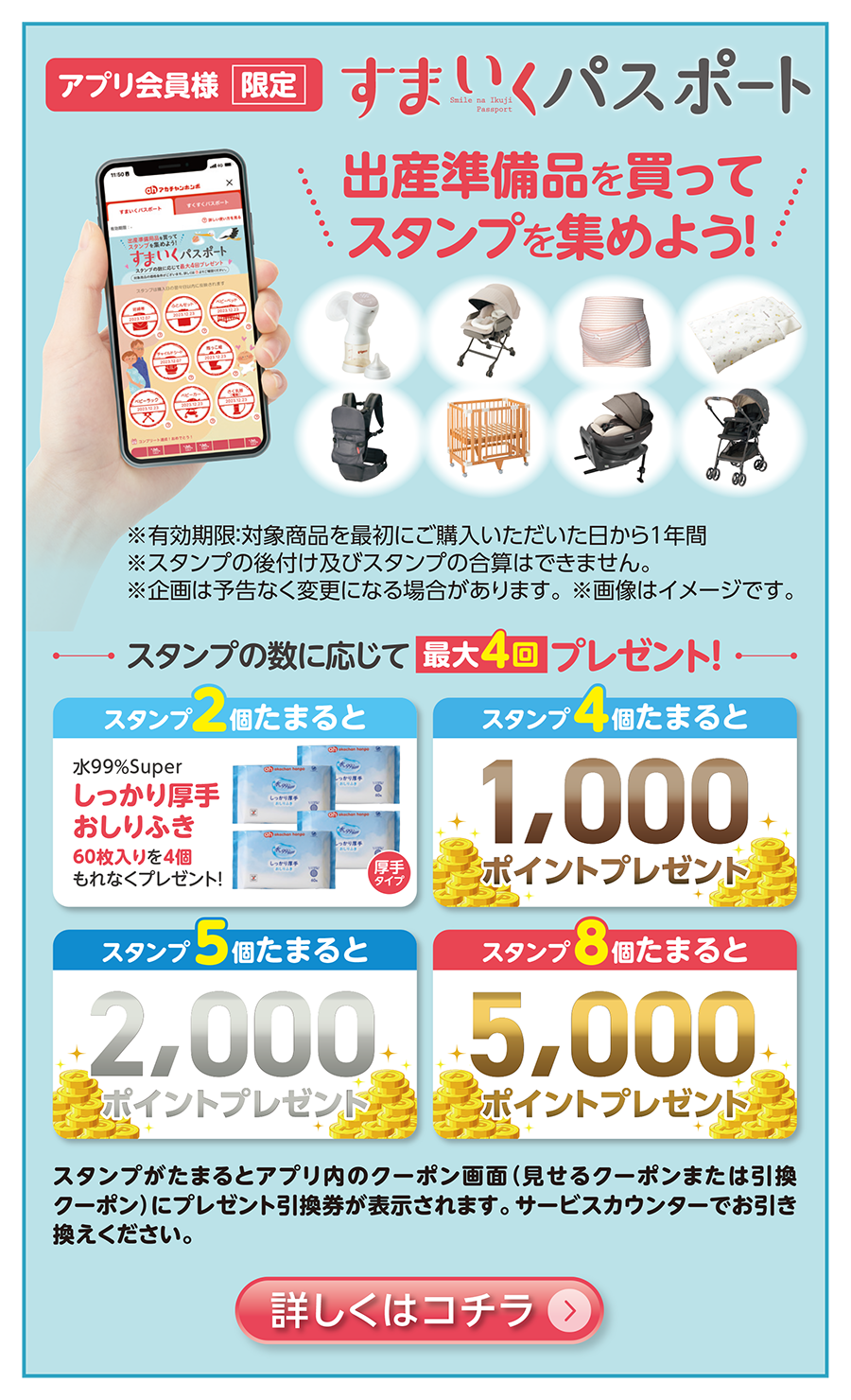 出産準備用品を購入するとスタンプの数に応じて特典をプレゼント「すまいくパスポート」