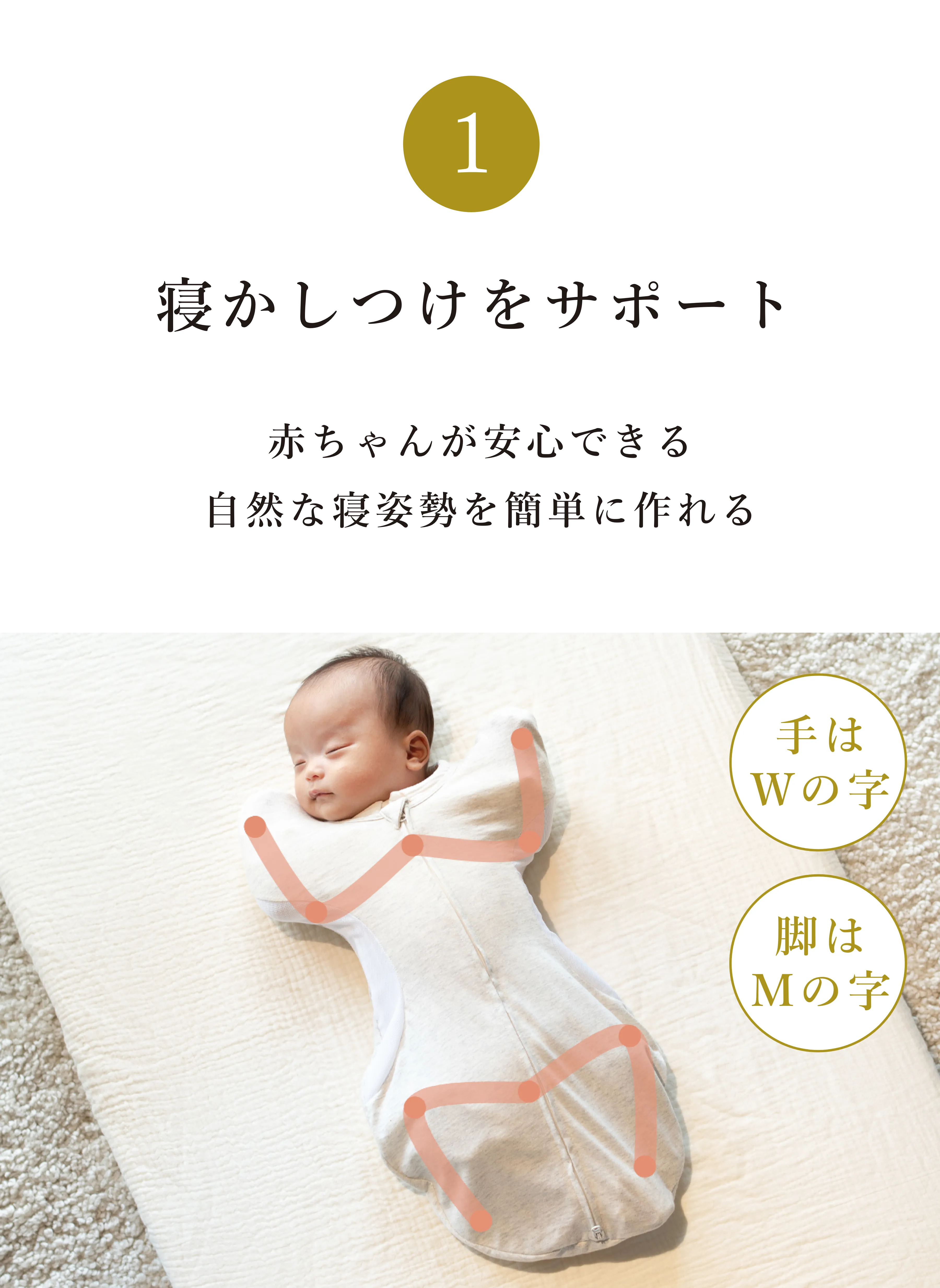 ① 寝かしつけをサポート 赤ちゃんが安心できる自然な寝姿勢を簡単に作れる
