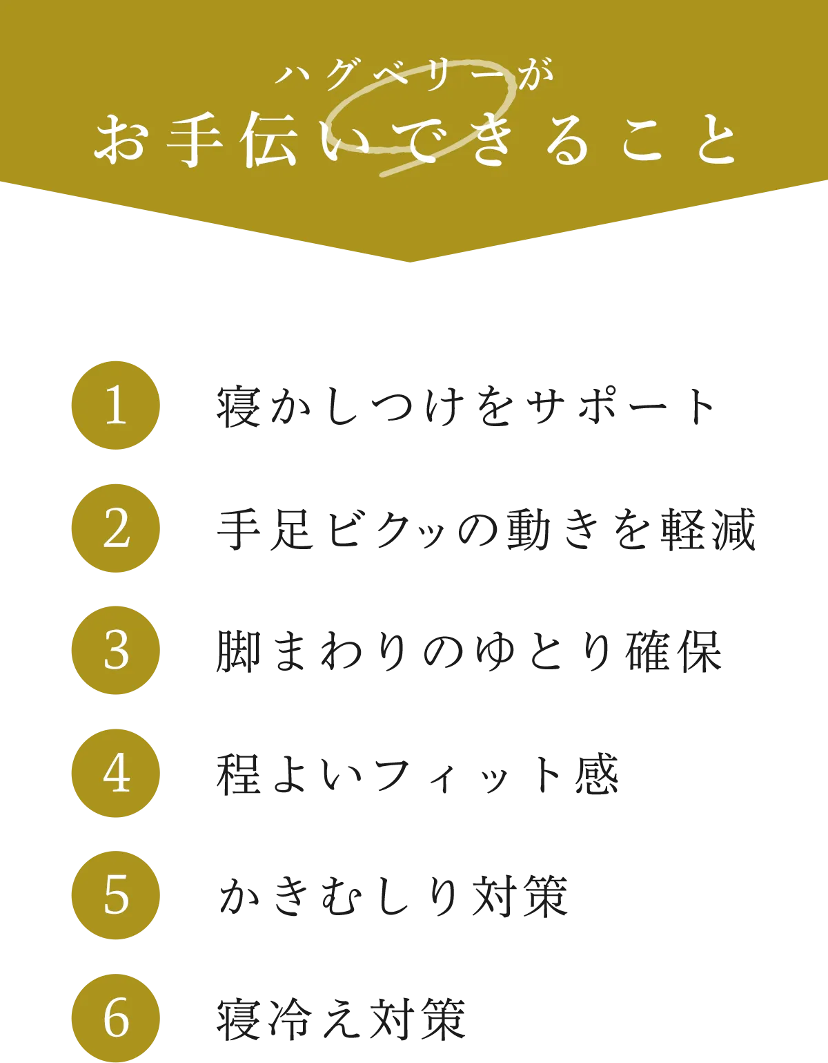 ハグベリーがお手伝いできること ①寝かしつけをサポート ②手足ビクッの動きを軽減 ③脚まわりのゆとり確保 ④程よいフィット感 ⑤かきむしり対策 ⑥寝冷え対策