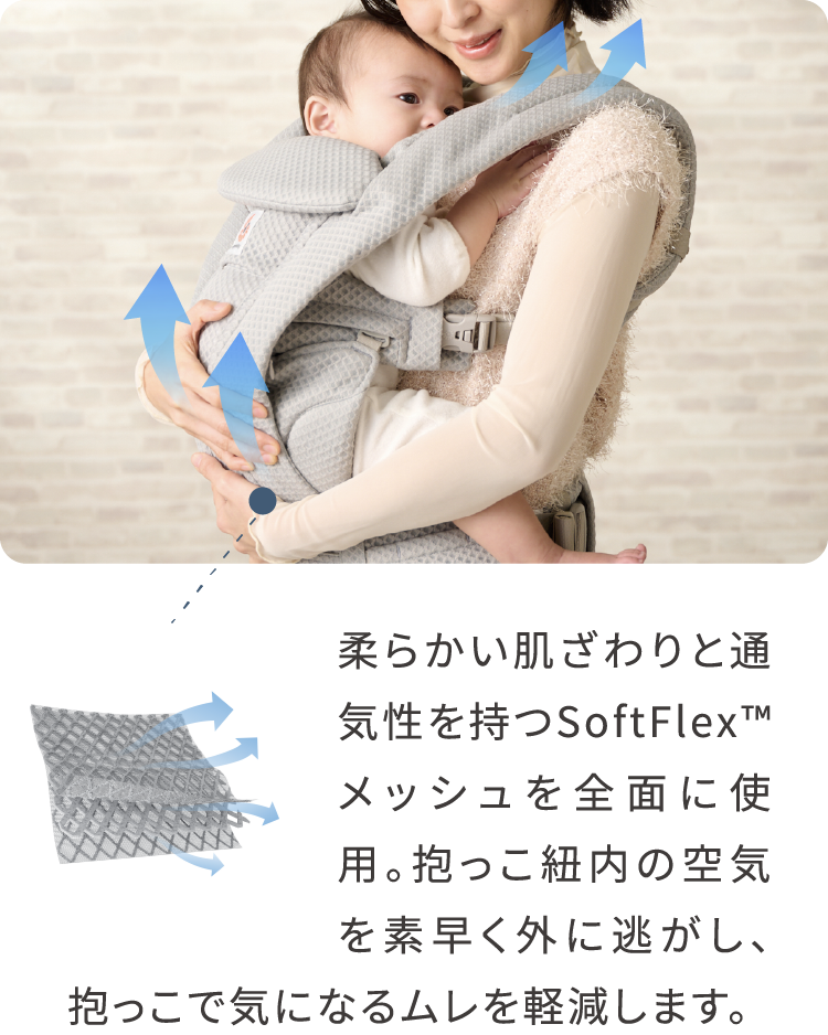 柔らかい肌ざわりと通気性を持つSoftFlex™メッシュを全面に使用。抱っこ紐内の空気を素早く外に逃がし、抱っこで気になるムレを軽減します。