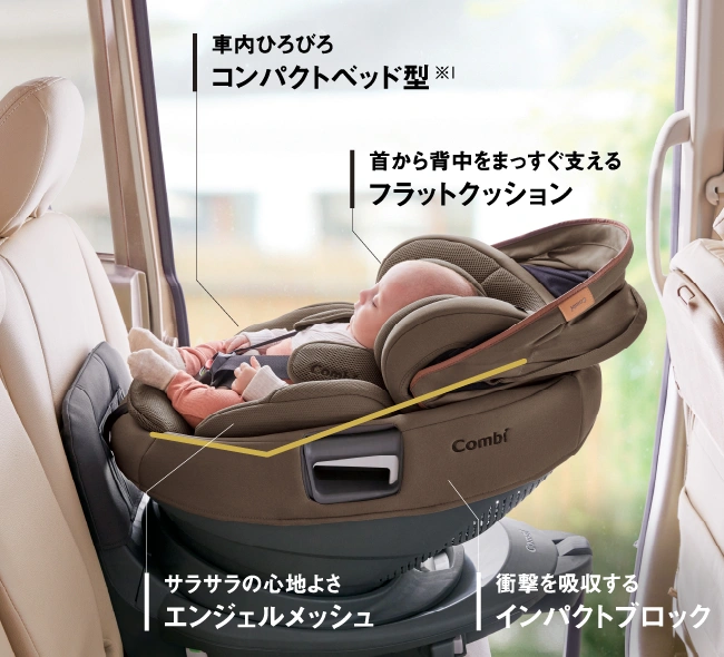 車内ひろびろコンパクトベッド型※1 首から背中をまっすぐ支えるフラットクッション サラサラの心地よさエンジェルメッシュ 衝撃を吸収するインパクトブロック